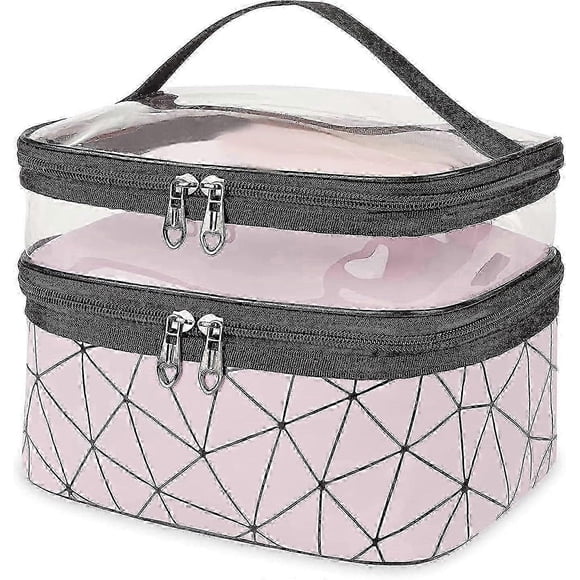 Large Toiletry Bag Pink Travel Cosmetic Bags for Women Waterproof Clear Double Layer Make up Bag Organizer with Compartments