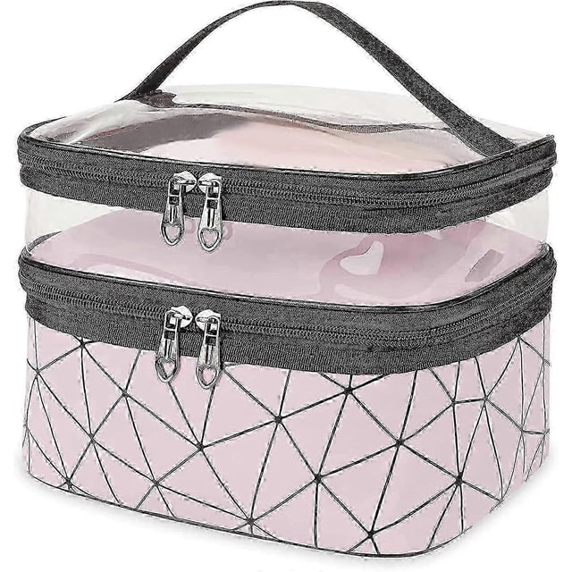 Neceser grande rosa para viajes, neceser de cosméticos para mujer, impermeable, transparente, de doble capa, organizador de maquillaje con compartimentos.