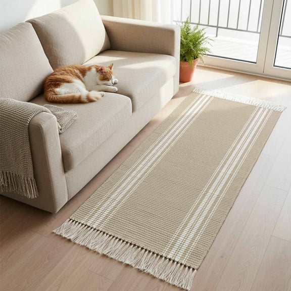 Beige Striped Kitchen Runner Rug 2'x4',Farmhouse Luxurious White Stripes Modern Abstract Art Rug with Tassels,Non Slip Woven Cotton Bathroom Rugs Hallway Carpet for Foyer Bedroom Entry Back Door