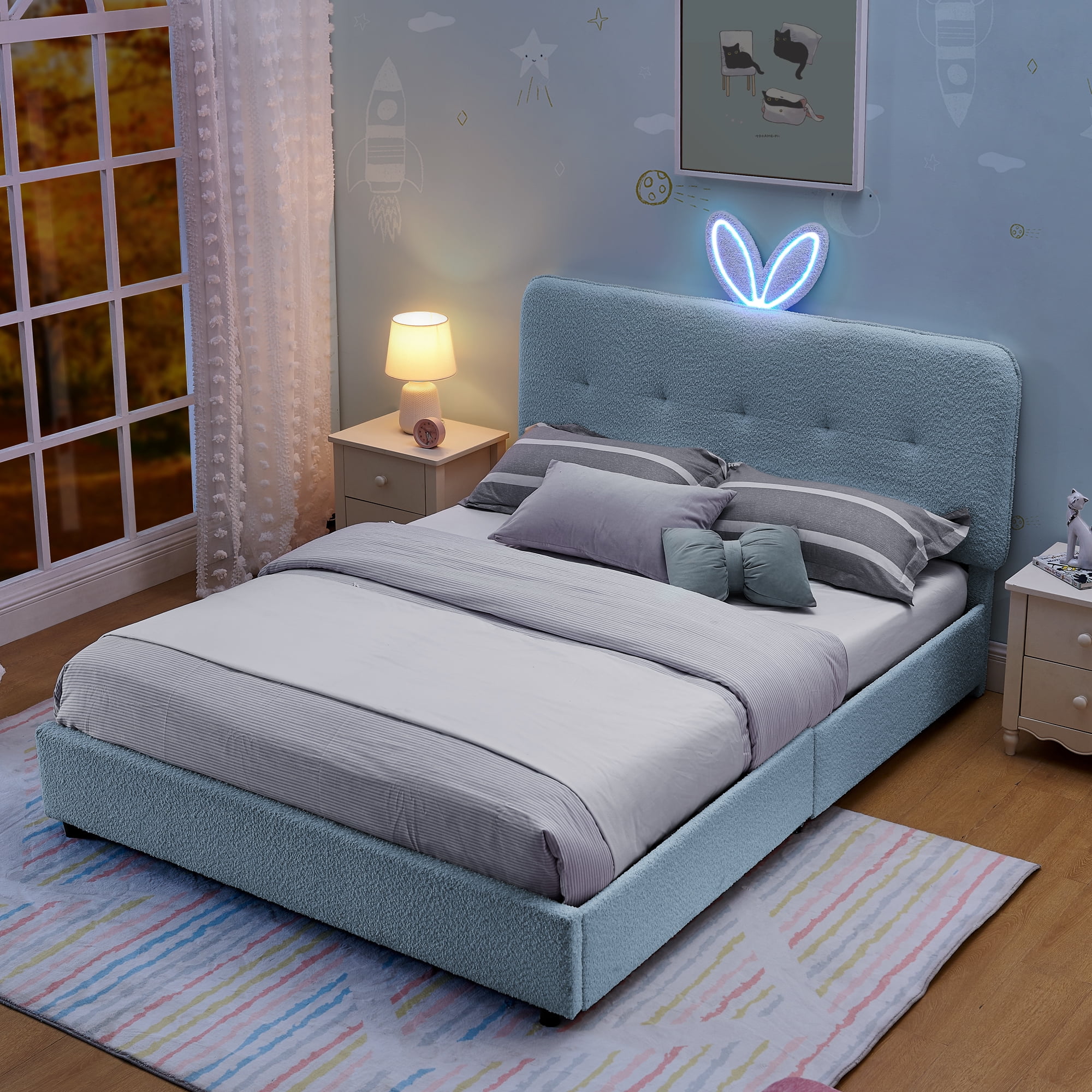 Mintazer Full Upholstered Kids Bed with Oversized Rabbit Ear Headboard, Boucle Fabric Platform Bed with LED Headboard & 4 Storage Drawers, Blue