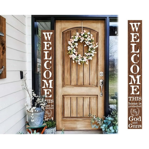 TX USA 72in 'This Home is Protected by God and Guns'   Foldable Wooden Front Door & Porch Sign  Bold Home Security Statement  Brown