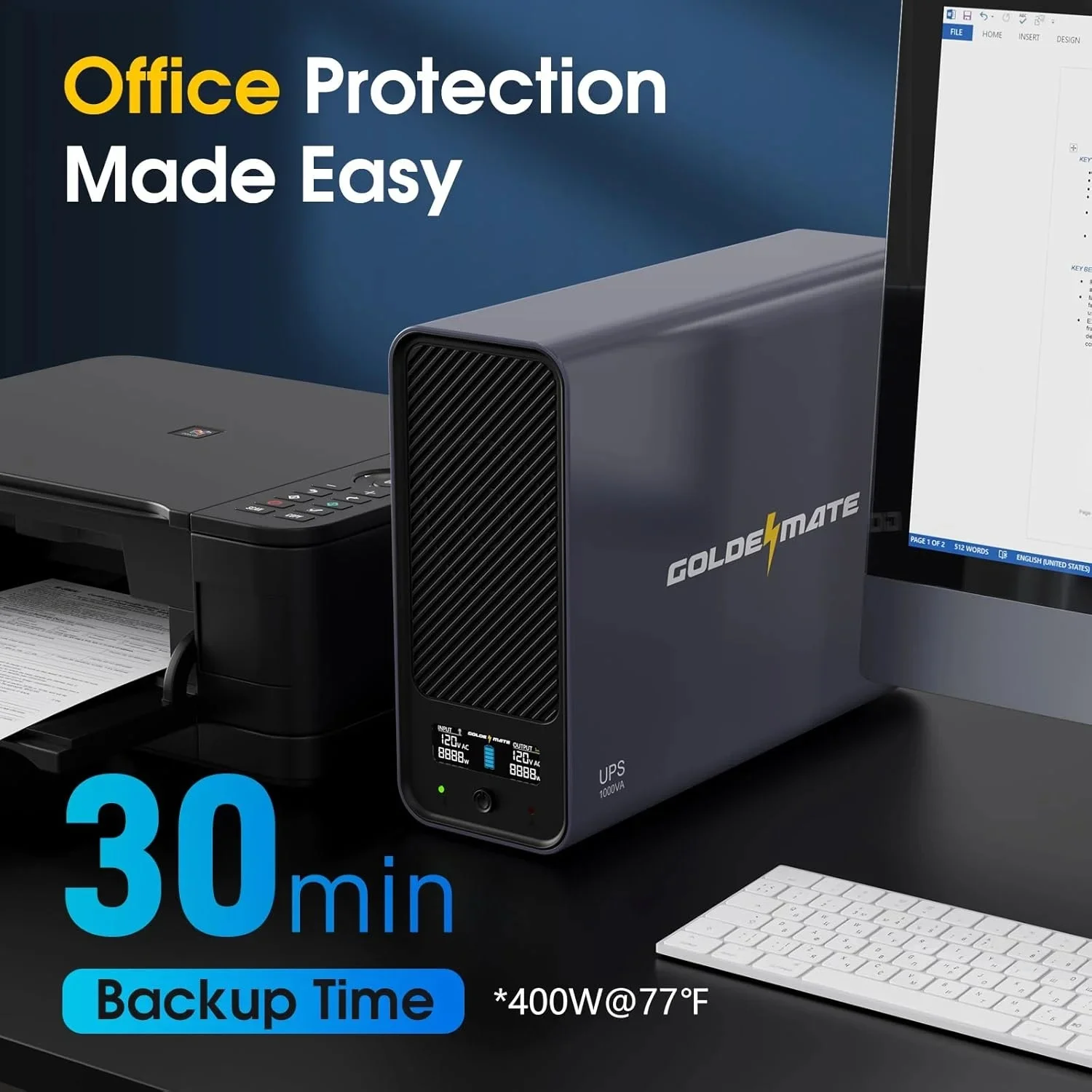 GOLDENMATE 1000VA/800W Lithium UPS Battery Backup, Surge Protector with LiFePO4 Batteries(230.4 Wh), Sinewave UPS System, 10 Years Lifespan, 8 Outlets, LCD Display, Gray