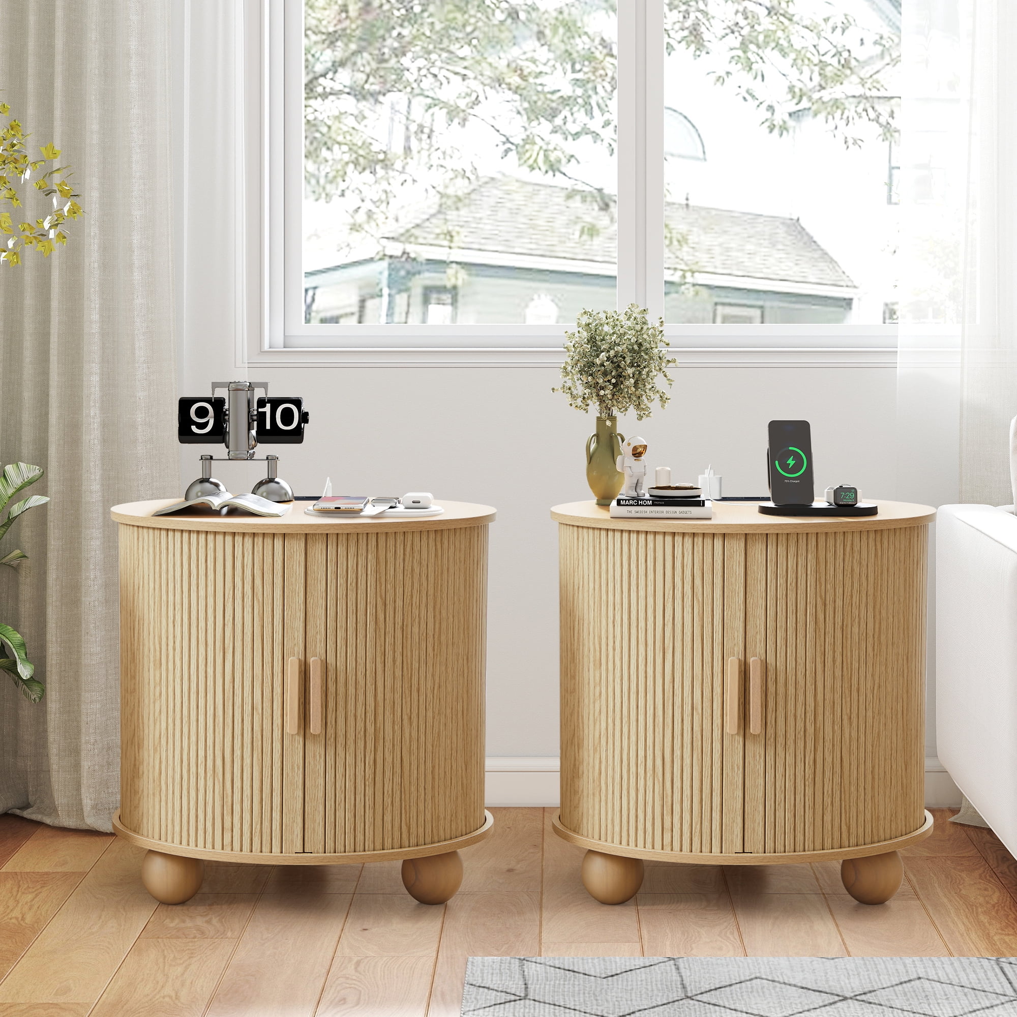 Wirrytor Side Table with Charging Station, The Table Behind the Sofa with Storage Space and Sliding Door, Bedside Table Accent Cabinet for Living Room, Bedroom, Entryway (Oak)