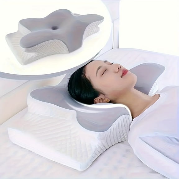 1pc Ergonomic Butterfly-Shaped Pillow - Slow Rebound Cervical Support, Sleep Relaxation Pillow for Back & Side Sleepers, Spine Alignment, Hypoallergenic, Machine Washable Cover, White