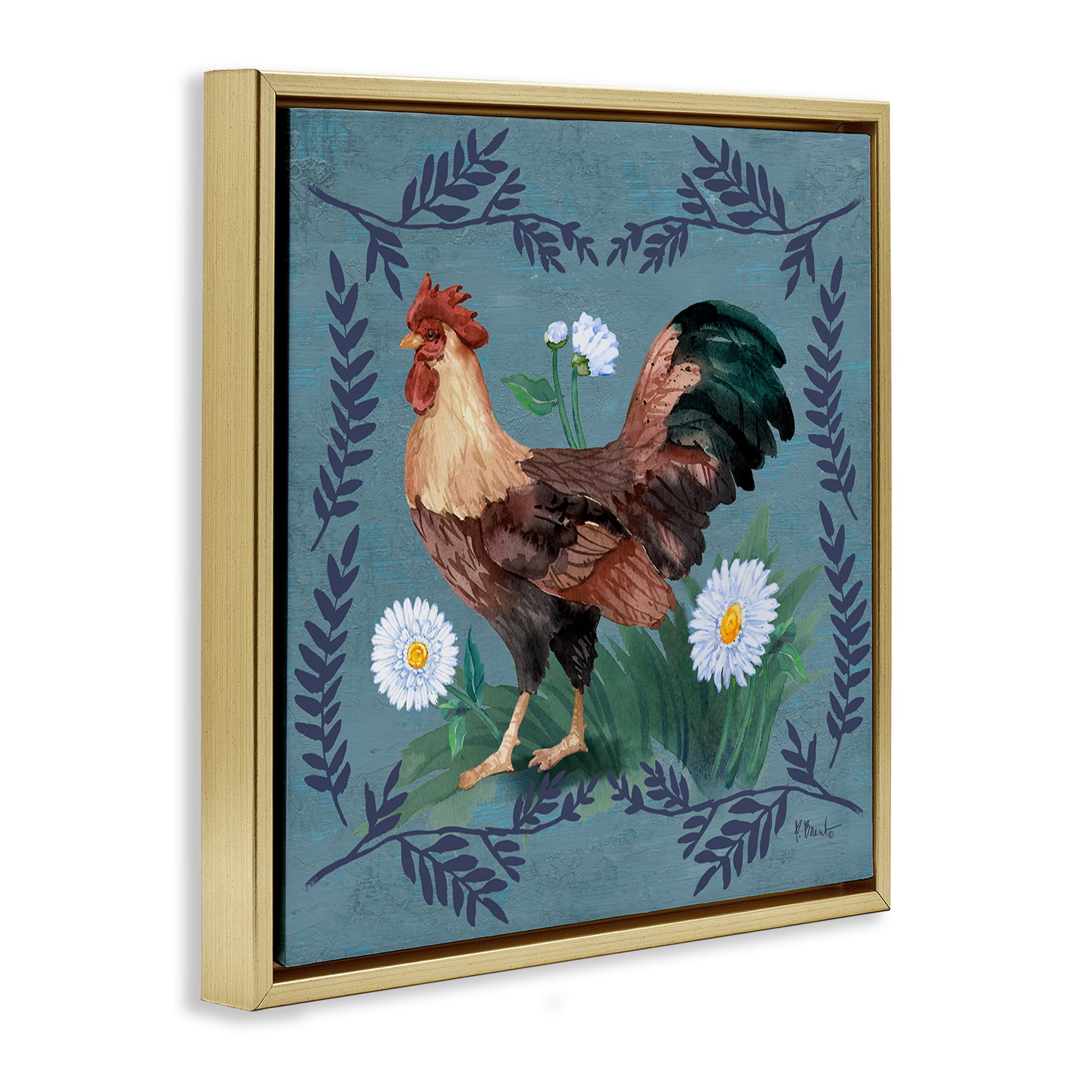 Stupell Industries Rooster & Fern Trim Animals & Insects Painting Gold Floater Framed Canvas Art Print Wall Art, 18 x 18