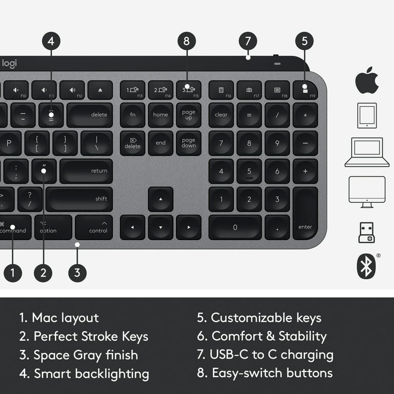 Logitech MX Keys for Mac – Clavier rétroéclairé sans fil avancé, Bluetooth,  USB-C, compatible MacBook Pro, MacBook Air, iMac, iPad, construction