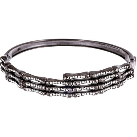 Lesa Michele Pave Cubic Zirconia Onyx Sterling Silver Triple-Row Ribbed Bangle