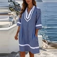 thumbnail image 2 of ZHOGXU Women's Dresses Summer Short Sleeve V Neck Striped Print Comfortable Breathable Loose Fit Dress With Pockets For Everyday Wear,Navy,L, 2 of 4