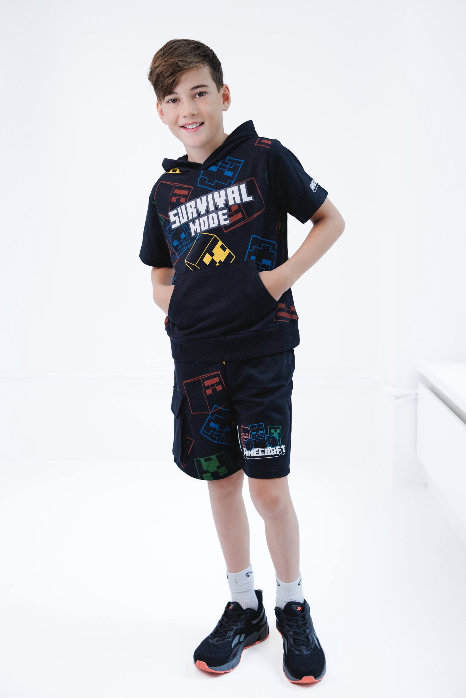 Minecraft Big Boys' 2-Piece Hooded Tee and Shorts Set Black