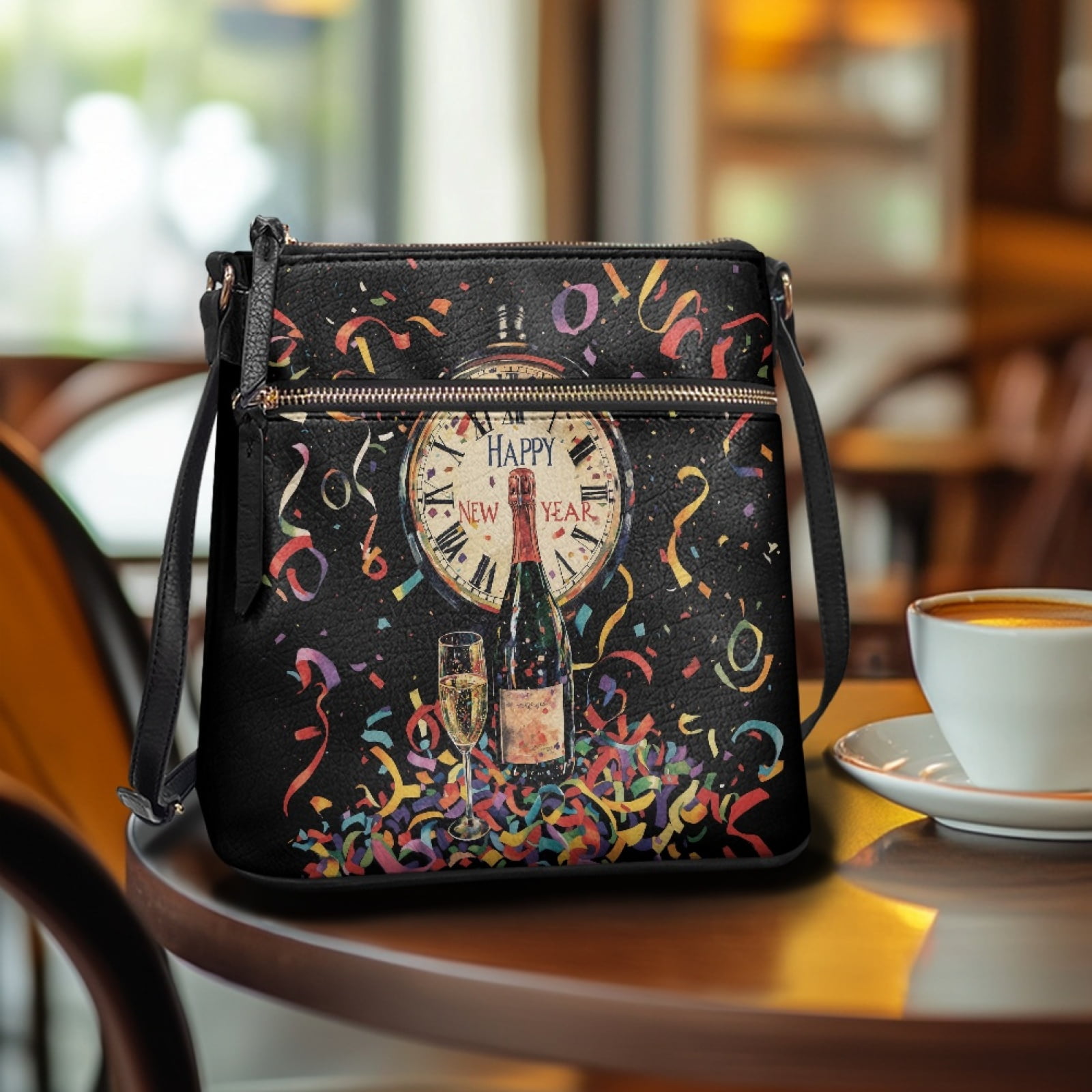LedBack Clock Print Satchel Purses for Women Medium Size Leather Crossbody Purse Bag with Adjustable Strap, Zipper Shoulder Bag Hobo Bag for Ladies for Travel Shopping (Happy New Year)