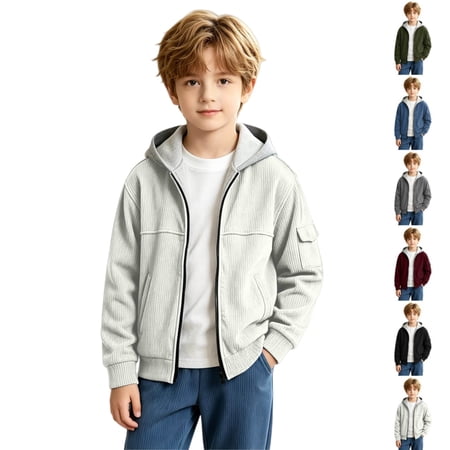 Kids Corduroy Zip‑Up Hooded Jacket for Boys 4‑14Y, Soft Full Zip Hoodie Outerwear, School Outdoor Casual Daily Coat for Autumn Winter Spring Youth Children(White,7-8Years)