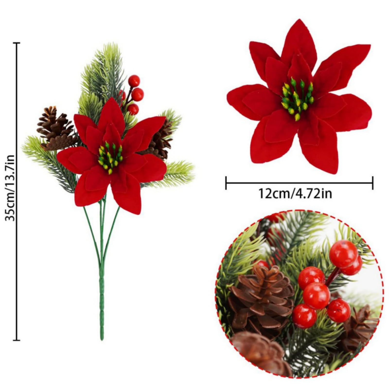 13.7 Inch Red Poinsettia Artificial Christmas Flowers Bouquet with Pine Cone Red Berry Pine Needle Artificial Plants Christmas Decor for Craft Xmas Tree Garland Home Indoor Outdoor 8 pack