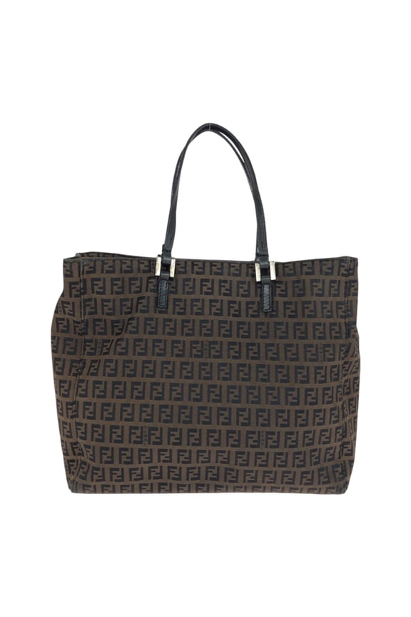 Pre-Owned FENDI Zucchino Brown Canvas Leather Tote Bag Handbag for Women