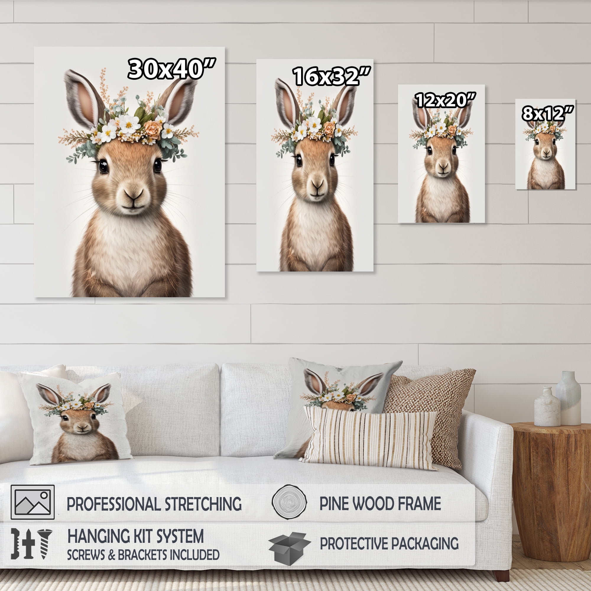 Designart Cute Baby Rabbit With Floral Crown II Canvas Wall Art