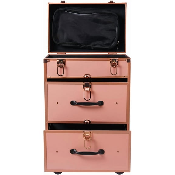 3 Layers Rolling Makeup Case, Nail Travel Case Cosmetology Case, Makeup Cart Make Up Suitcase Cosmetic Trolley with Wheels (Gold)