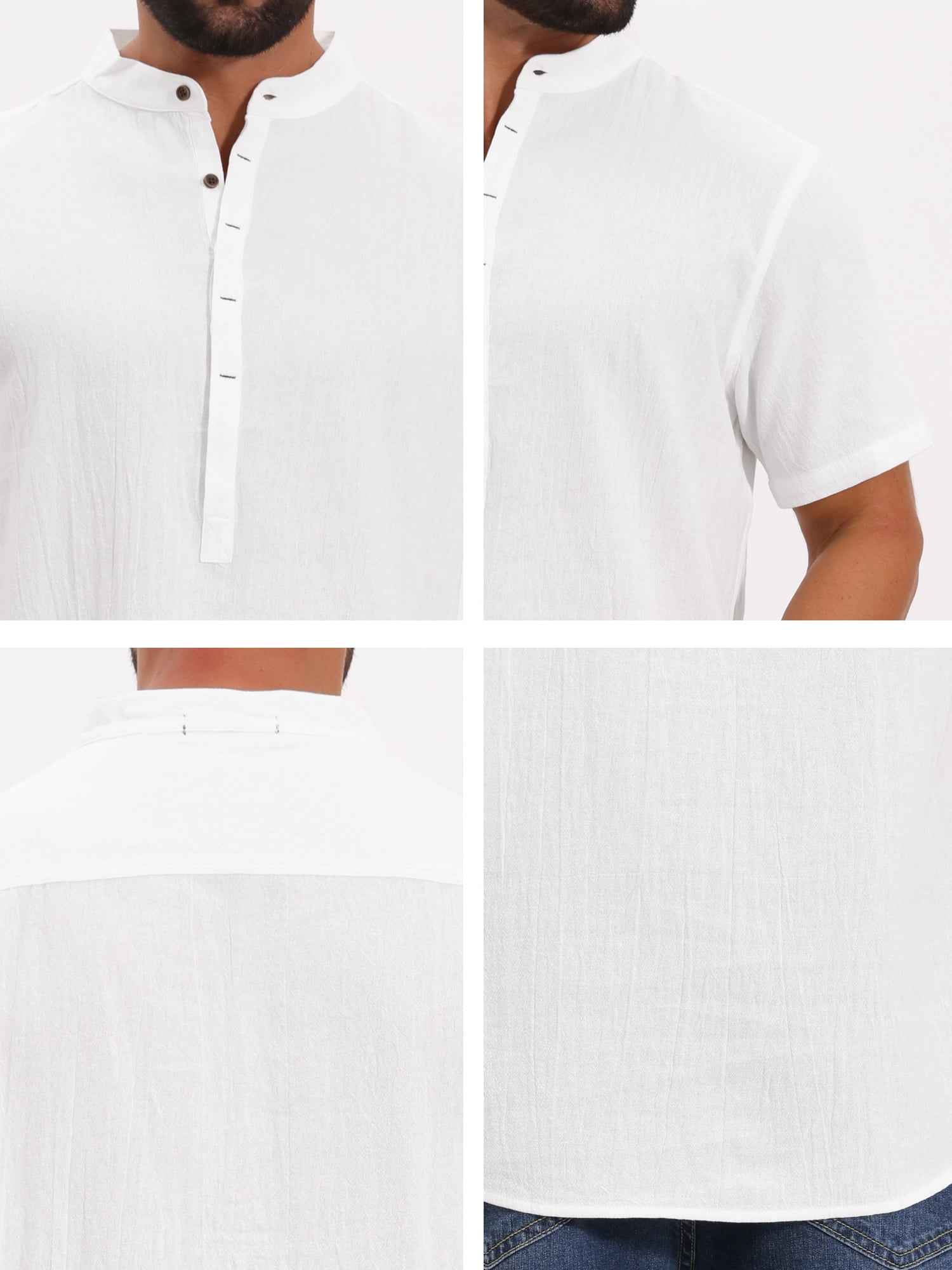 DARING DIVA Men's Casual Henley Band Collar Short Sleeve Summer Linen Shirts XL White