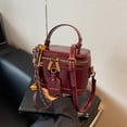 thumbnail image 4 of Retro PU Leather Bucket Bag for Women Zipper Closure Small Crossbody Handbags with Pendant Shoulder Tote Handbag Casual Shopper Handbag for Work & Daily Use (Wine Red), 4 of 10