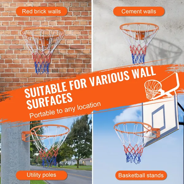 Heavy Duty Q235 Steel 18 Inch Basketball Hoop Wall Door Mounted Indoor Outdoor Basketball Rim Goal with Net for Kids Adults