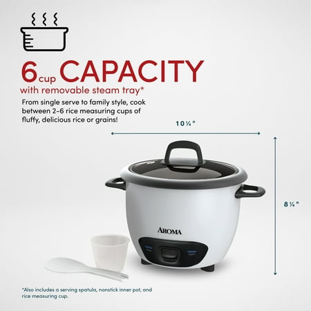 AROMA® 6-Cup (Cooked) / 1.5Qt. Rice & Grain Cooker, White, New, ARC-743G