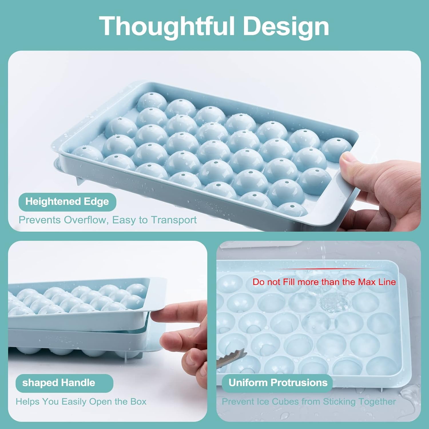 Ice Cube Tray with Lid and Bin 99 Circle Ice Cube Molds with Scoop Round Ice Trays for Freezer and Easy Release Ice Box Container for Whiskey Beer (3 Blue Tray, 1 Scoop & Tong)