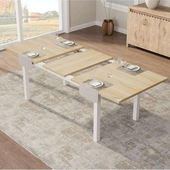 Dining Table for 6, 63" Large Extendable Dining Room Table for 6, Kitchen Table with Metal Frame & MDF Board, Wood Dinner Table for 6 - Natural Wood