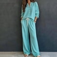 thumbnail image 2 of Women's Waffle Knit 2 Piece Tracksuit Outfit Henley Long Sleeve Top and Drawstring Wide Leg Pants Soft Comfy Loungewear Casual Travel Vacation Streetwear Set Blue, 2 of 5