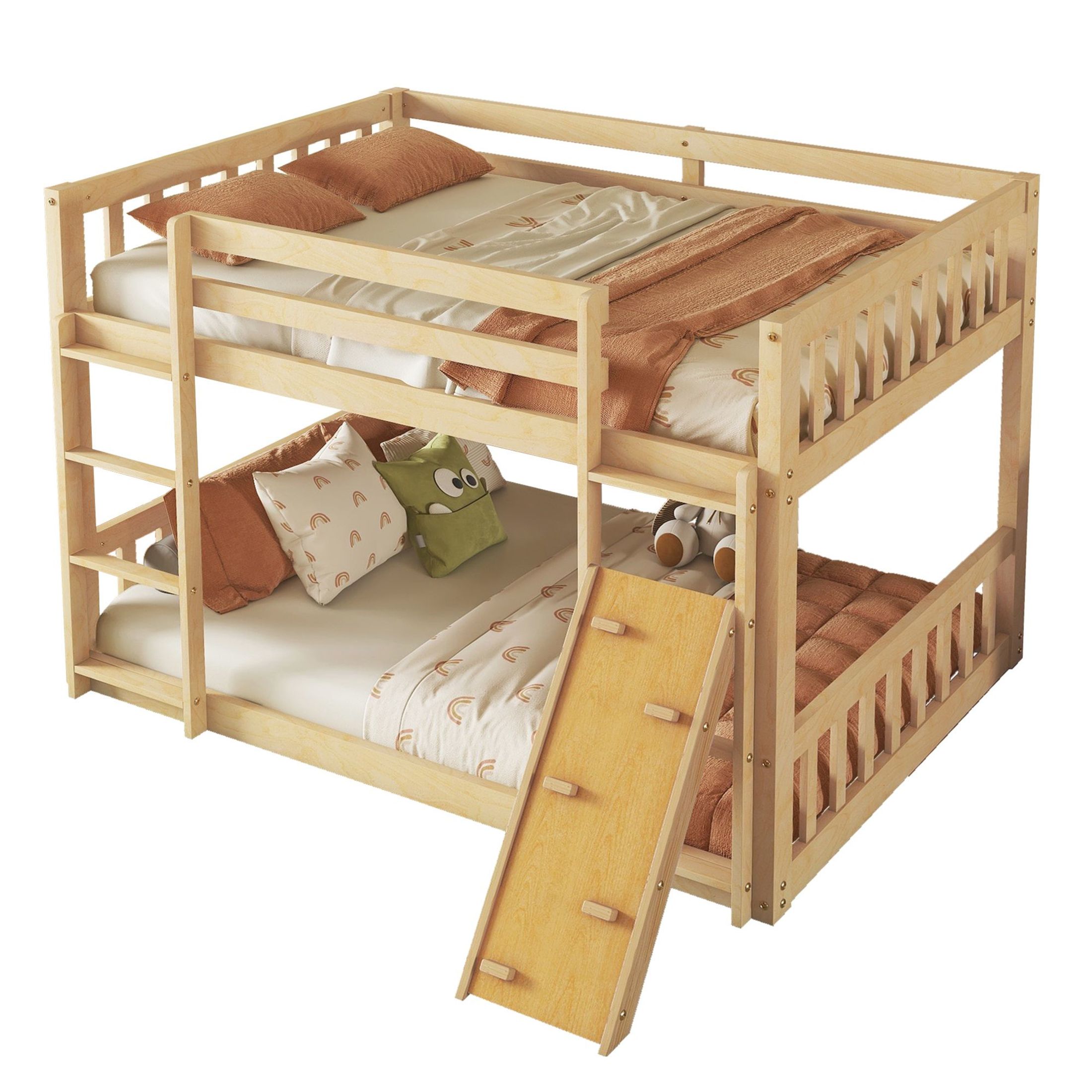 Noble House Twin Over Twin Bunk Bed, Pine Wood Frame with Climbing Ramp, Dual Ladders & Playhouse Design, Natural