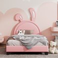 thumbnail image 2 of Twin Size PU Leather Platform Bed with Bunny Ears Headboard,Upholstered Bed Frame with Rabbit Ornament with Wood Slat Support,Easy Assembly,Pink, 2 of 9