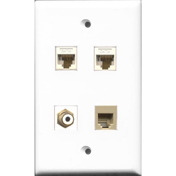 RiteAV 1 Port RCA White and 1 Port Phone RJ11 RJ12 Beige 2 Port Cat6 Ethernet White Wall Plate