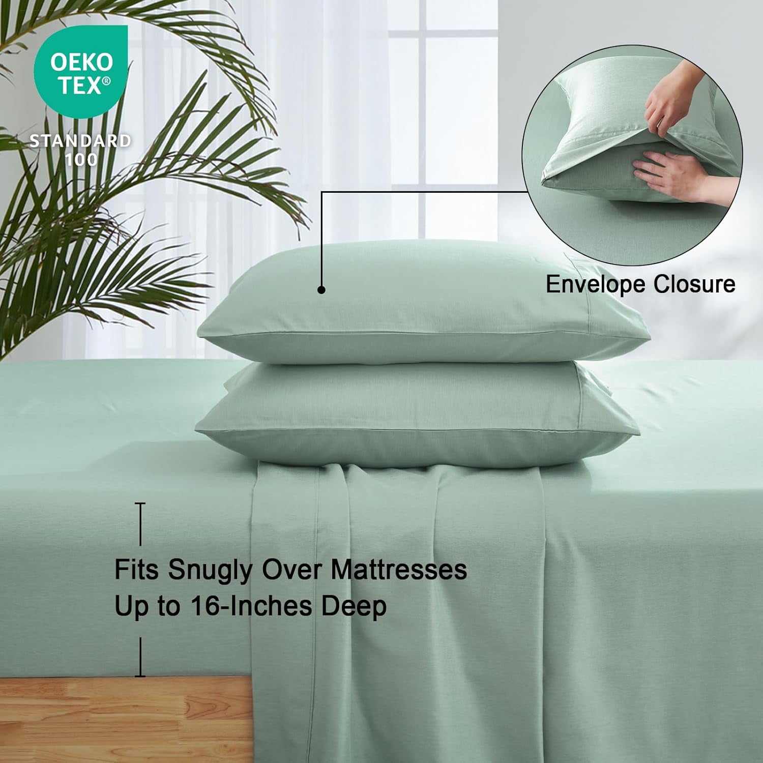 PHF Bamboo Bed Sheet Sets, 4 Pieces King Silky Soft Bedding Sheets, 1800 Thread Count 16 Inch Deep Pockets, Sage Green