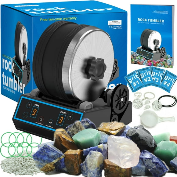 3.6LB Professional Rock Tumbler Kit with 10 Belts, 3 Speed Settings & Digital 9-Day Timer, Rough Gemstones, 4 Polishing Grits, STEM Science Kit for Adults Kids