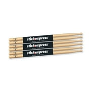 Stick Express SE2BW 3 American Hickory 2B Drumsticks with Wood Tip, Three Pairs