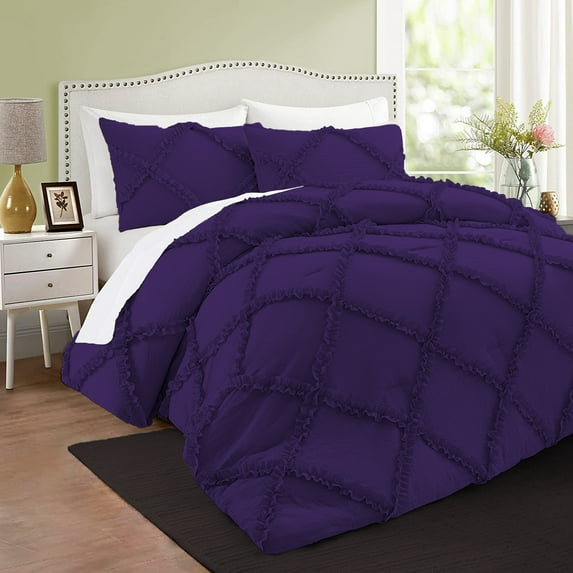 BedDecor 3 PC Luxury Diamond Ruffle "Purple, King/Cal King" 800 TC 100% Long Staple Egyptian Cotton Made Down Alternative Comforter