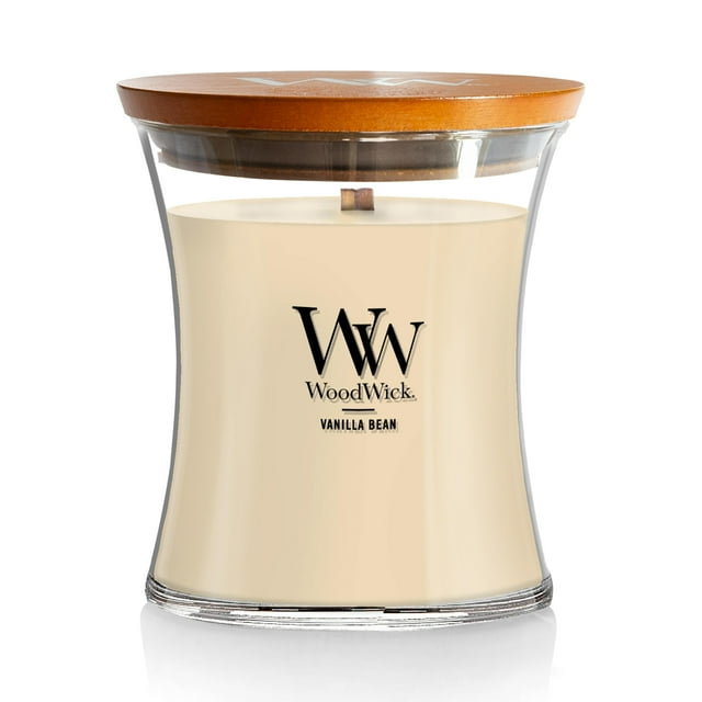 WoodWick Vela mediana tipo reloj de arena Vainilla - Cera de mezcla de soja premium Mecha de madera innovadora Pluswick Perfecta para regalar y una decoración estéticamente agradable