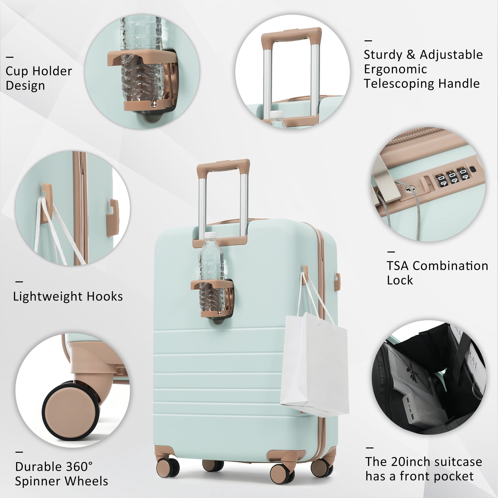 Euroco 4 Piece Luggage Sets, 20" Carry On Luggage with Front-Opening & Cup Holder, 20/28inch Hardside Suitcase Set with USB Charging Ports,TSA Lock & Spinner Wheels for Travel,Green