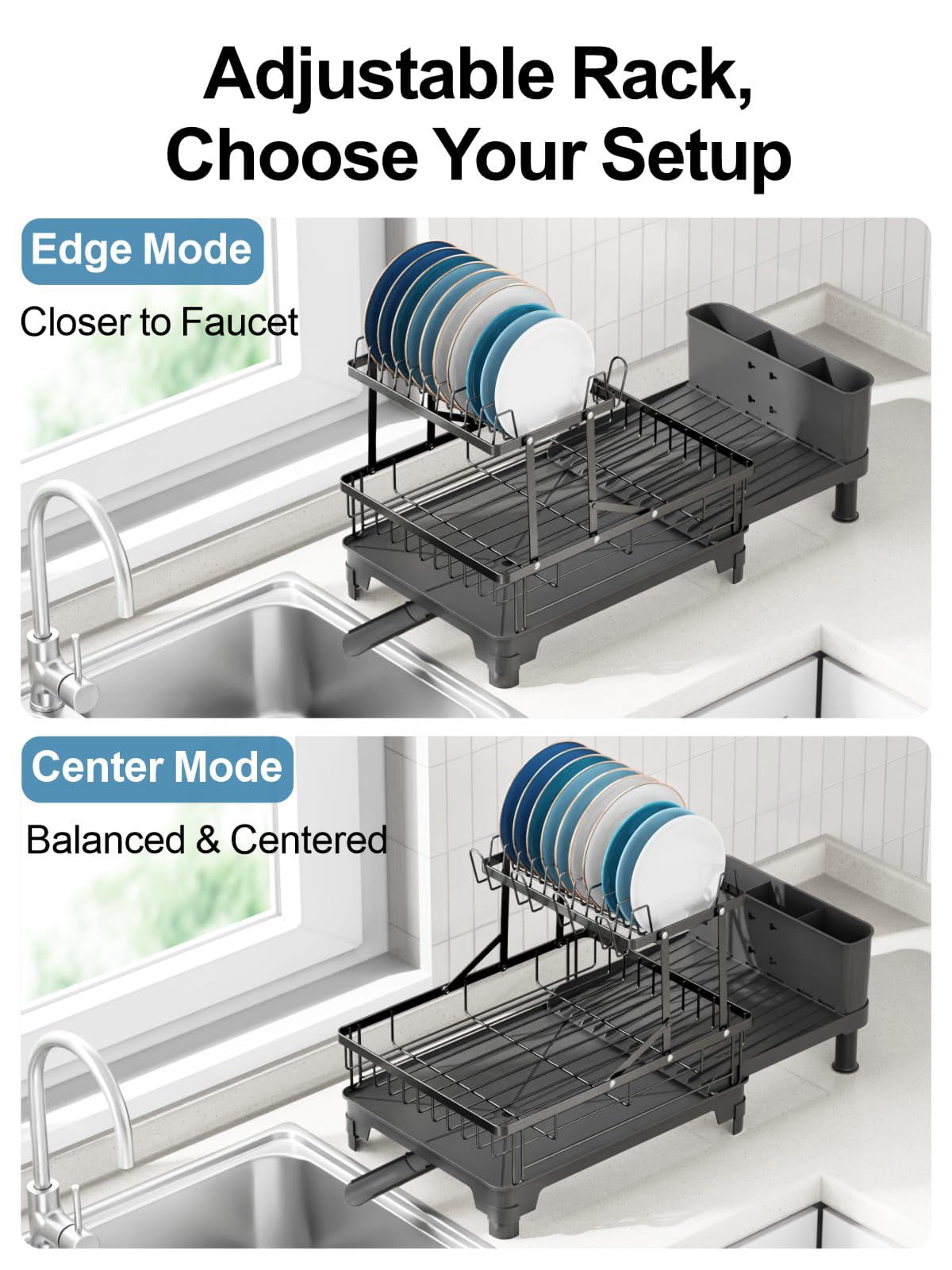 2 Tier Dish Drying Rack With Drainboard  Expandable Large Drainer For Kitchen Counter Rust Resistant Cup Holder & Utensil 12.6" W X 18.7"-25.2" L Black