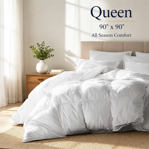 Goose Feather Down Fiber Comforter Queen Size - 100% Cotton Cover Duvet Insert - Hypoallergenic All Season Medium Warmth Bedding 90 x 90 Inch White