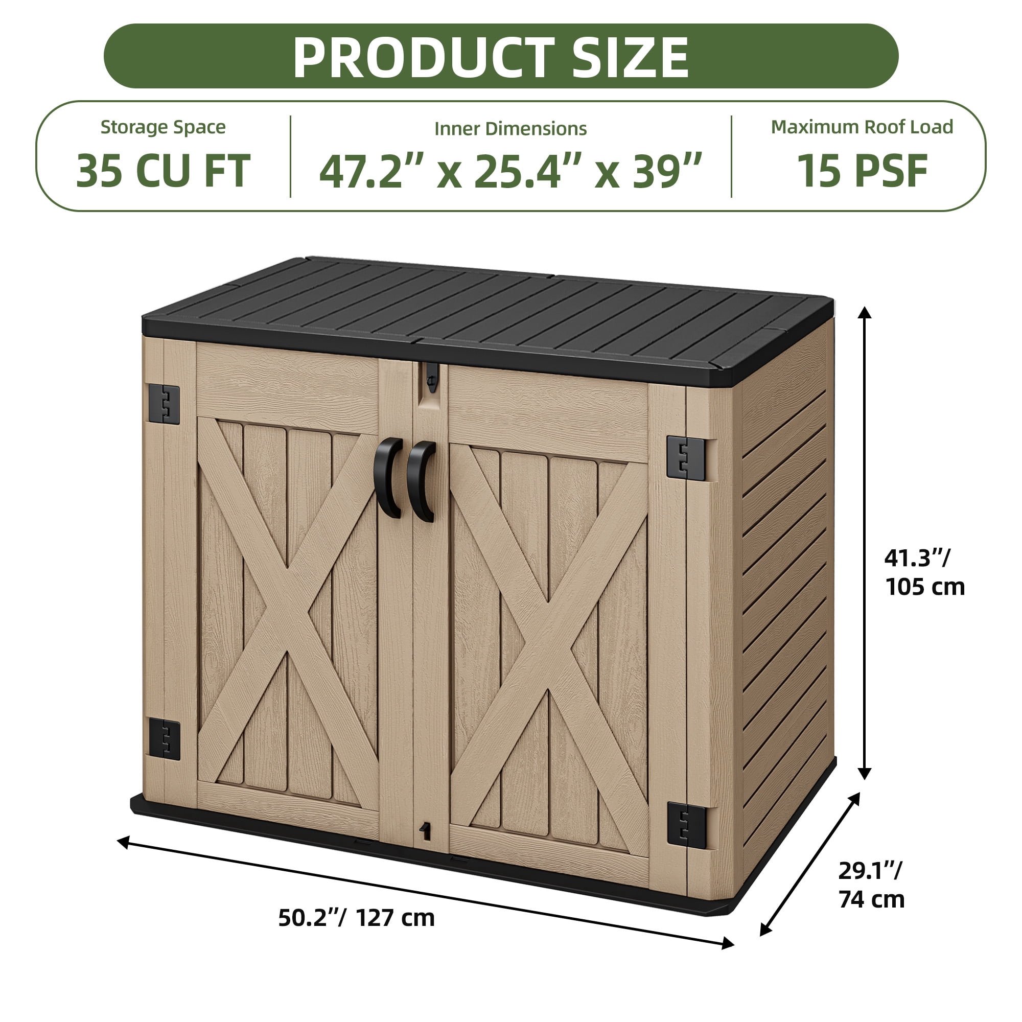Uforic Outdoor Horizontal Storage Shed with X-Shaped Lockable Door, 35 Cu Ft Weather Resistant Resin Tool Shed, Brown