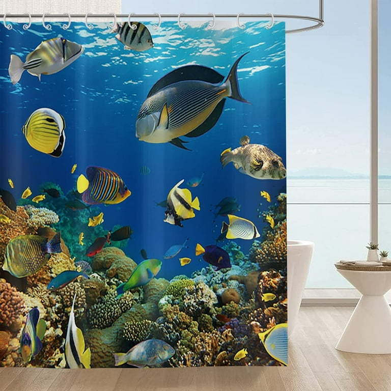 Tropical Ocean Shower Curtain, Summer Blue Ocean Colorful Tropical Fish  Coral Undersea Bathroom Curtain for Bathtub Decor Waterproof Fabric Machine  Washable with 12 Hooks, 72 x 84 