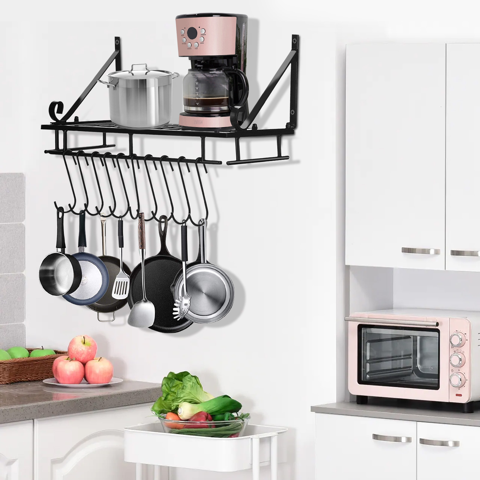 EBTOOLS Kitchen Storage Rack, Metal Hanging Pan Pot Rack Wall Mounted