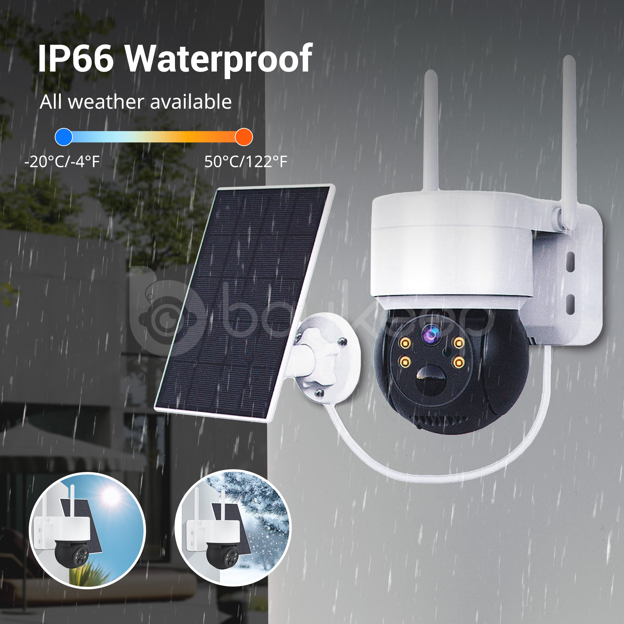boykeep 2.4G WIFI Solar Security Camera,360° View Wireless 3MP Outdoor Camera,IP66 Waterproof PIR Detection,Rechargeable Battery Powered Home Surveillance Cam with Color Night Vision 2-Way Audio 2PCS