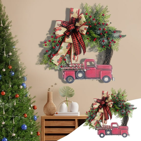 Christmas Wreath Front Door Wreath Decoration,Red Truck Wreath Fall Farmhouse Wreath Indoor Outdoor,Artificial Wreath Welcome Wreath Retro Plaid Bow-Knot Wreath Christmas Trees Decors