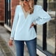 thumbnail image 2 of Jersey de encaje con costura, cuello en V, mangas largas abombadas, Top informal cómodo de gasa para mujer, 2 of 7