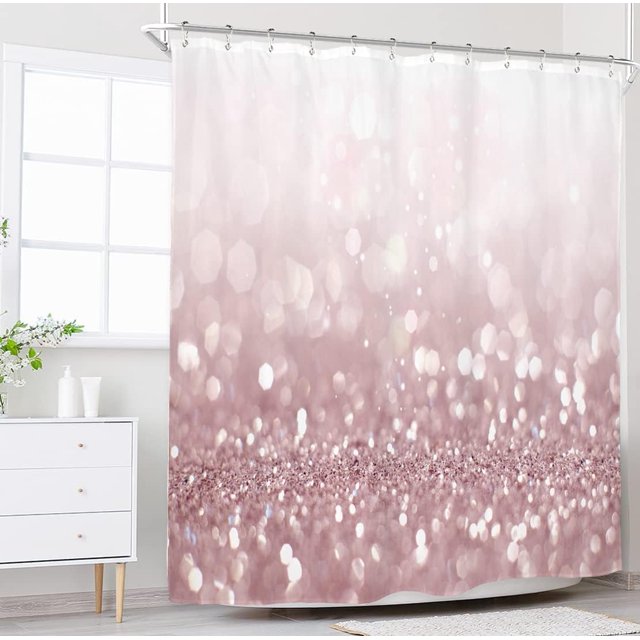 Cortina de ducha de tela rosa brillante con brillo, decoración de baño para mujeres y niñas, 182 cm de ancho x 182 cm de alto, color oro rosa brillante (sin brillo brillante), decoración para baño,
