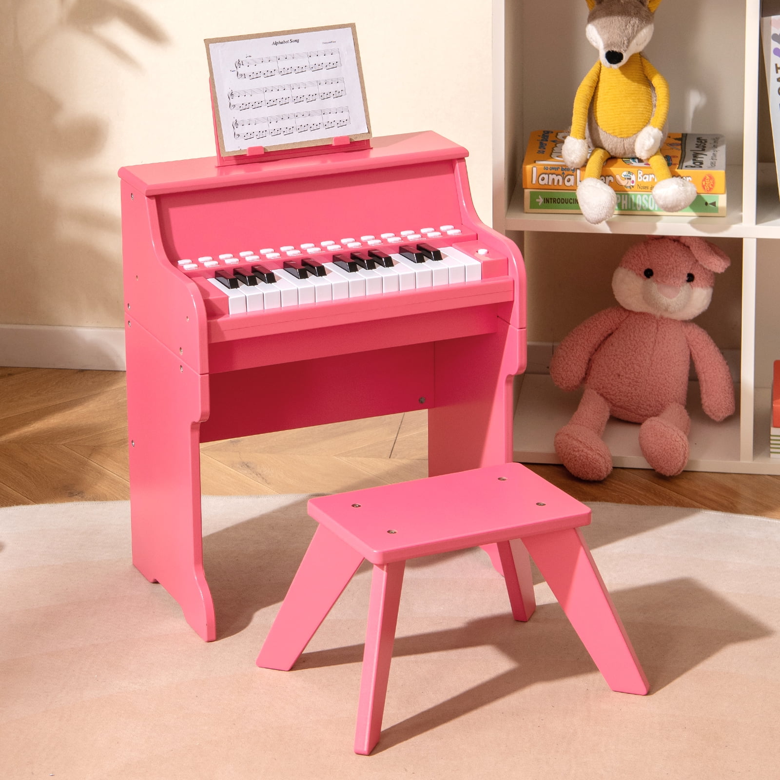 Patiojoy 25 Lighted Keys Kids Piano Keyboard with Stool Mini Digital Piano Wooden Toy Pink