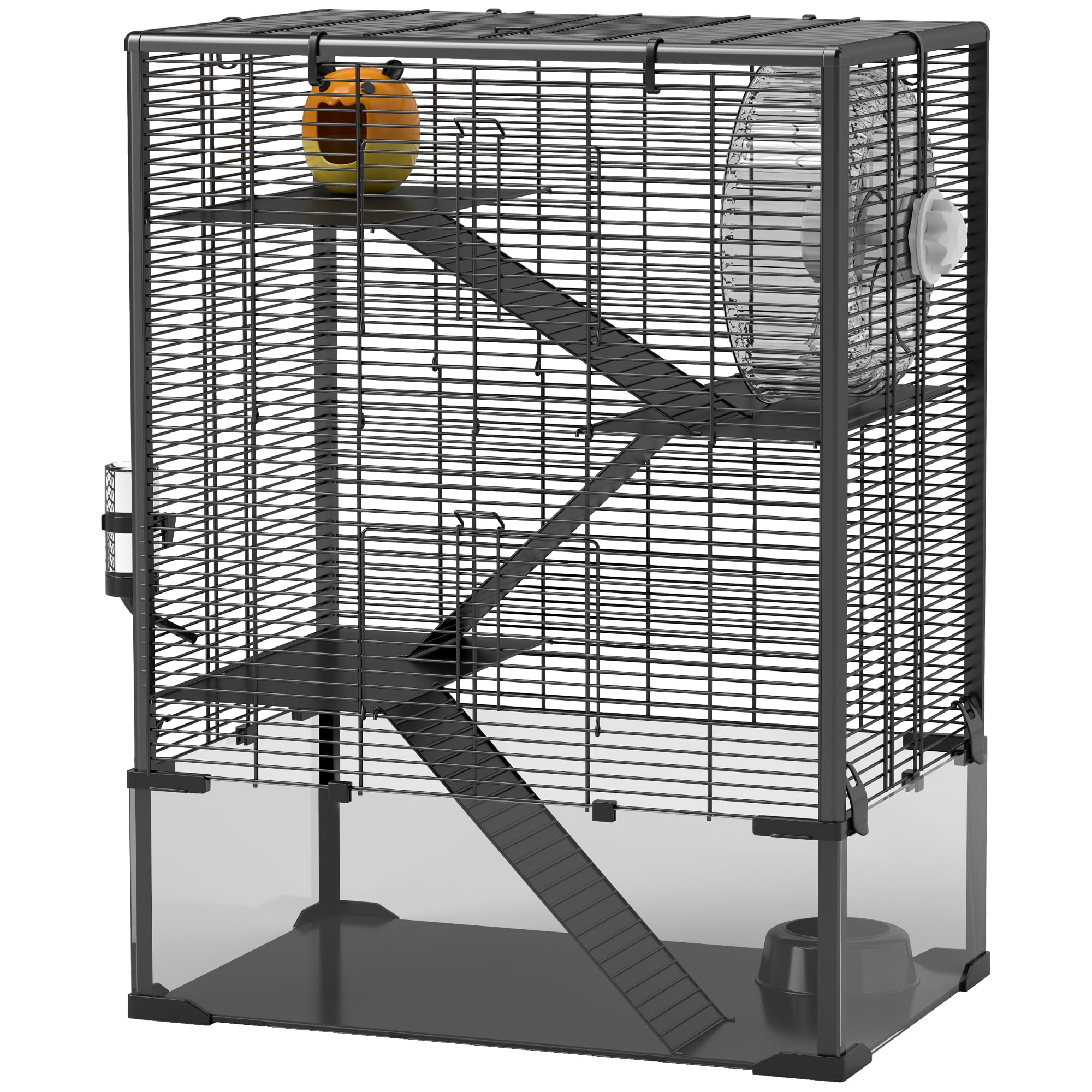 4-Tier Hamster Cage with Deep Tempered Glass Bottom, Running Wheel, Hut, Water Bottle & Food Dish, 24"x16"x31.5"