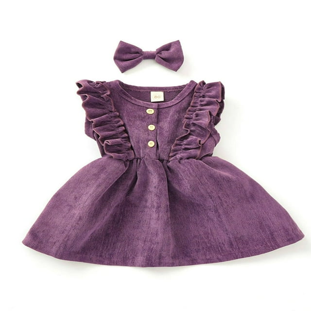 Robe en Velours Côtelé Sans Manches à Volants avec Bandeau pour Bébés Filles