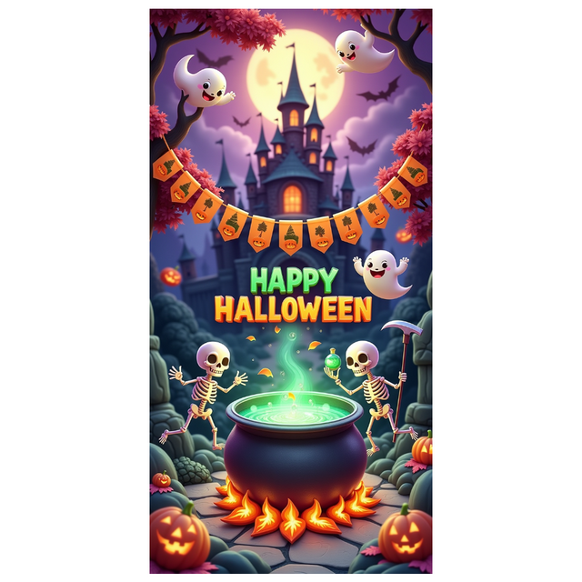 Decorative Banner Happy Halloween Skeleton Design Spooky Ghosts Haunted House for Holiday Decoration Outdoor Party Celebration