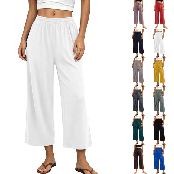 Qingpeng Womens Wide Leg Lounge Pants Pull On High Waist Soft Touch Straight Trousers with Pockets Summer Sleepwear