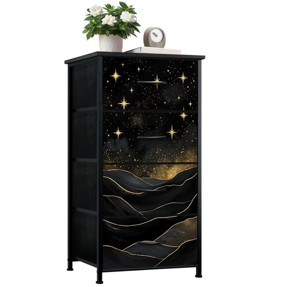 Dresser for Bedroom with 4 Storage Drawers Golden Stars Black Rolling Hills Dreamy Night Sky Dressers Chest of Drawers Steel Framed Fabric Closet Organizers for Boys Dorm Entryway